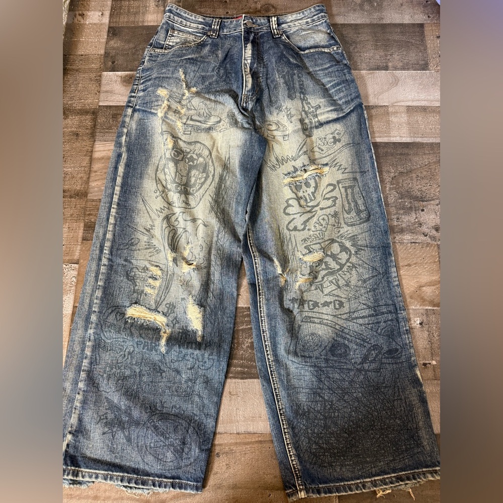 Jaded London Graffiti‎ Distressed Wide Leg Jeans Size 30 | Y2K Skater Streetwear